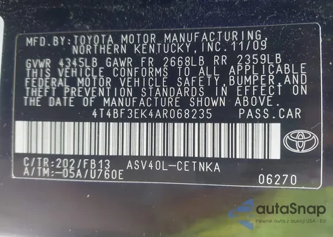 2010 Toyota Camry z USA, uszkodzony, nr VIN 4T4BF3EK4AR068235
